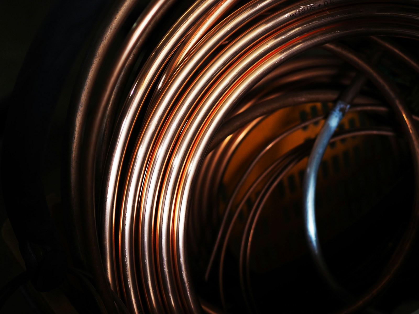 Warm-lit copper tube coils